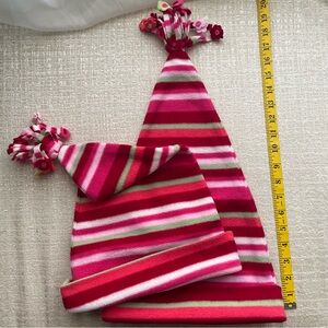 EUC - Girls Pink and Green Striped Flower Fleece Winter Hat